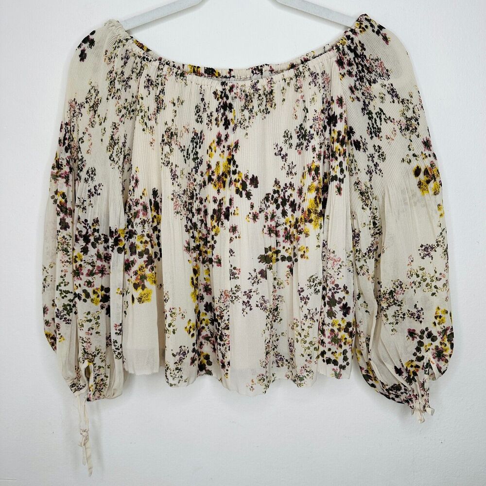 Aritzia Wilfred Talence Cream and Multi Floral Silk Pleated Off Shoulder Top XS